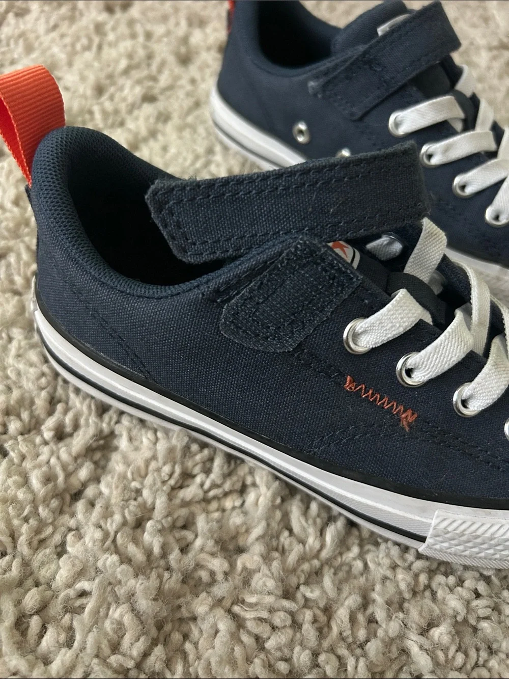 Converse Kids Navy Low-Top Sneakers with White Toe and Orange Pull Tab
